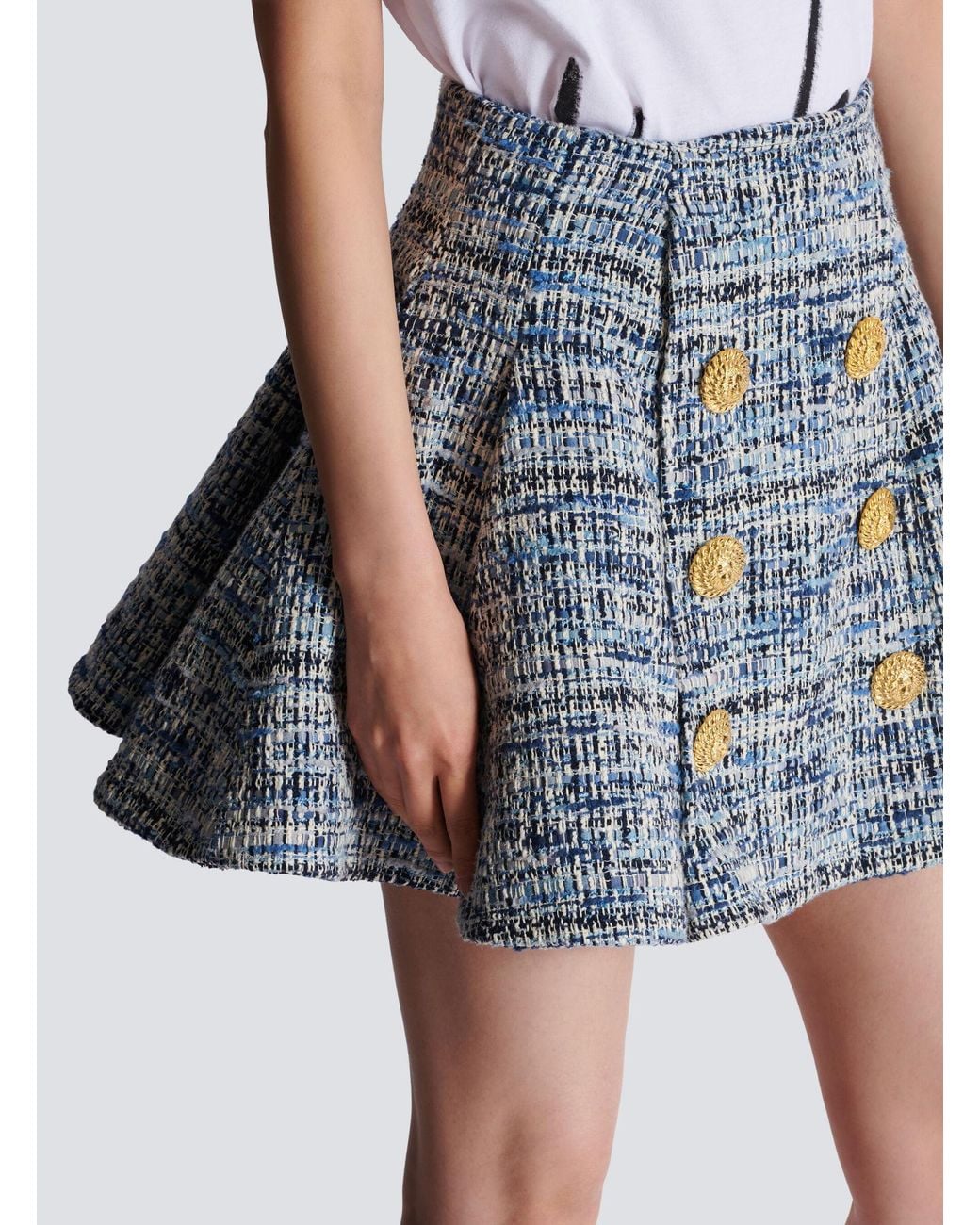 Balmain Blue Tweed Skirt With Pleats
