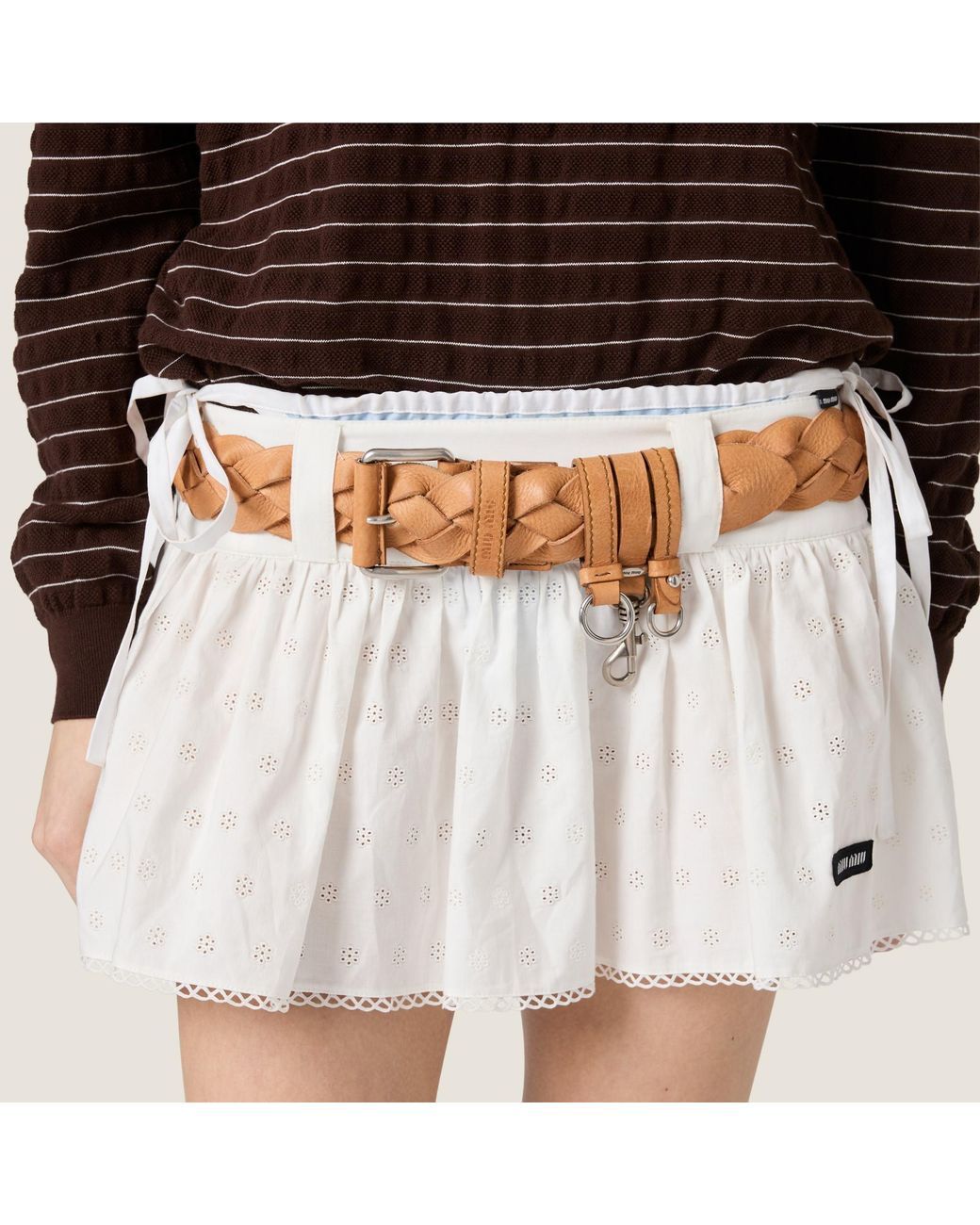 Miu Miu White Slubbed Poplin And Eyelet Lace Miniskirt