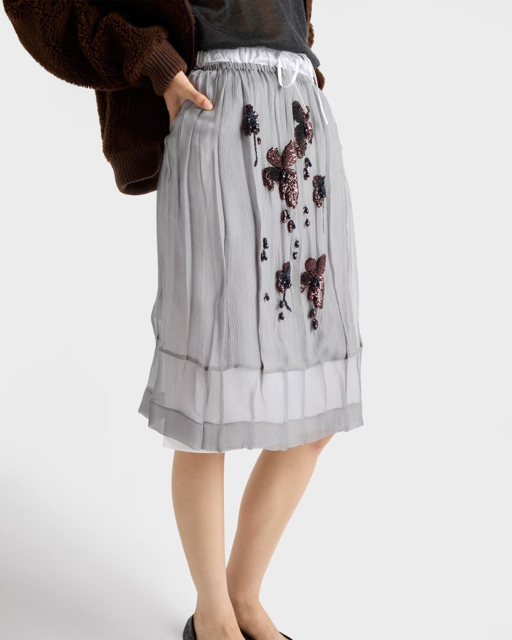Prada Gray Embroidered Chiffon Midi Skirt