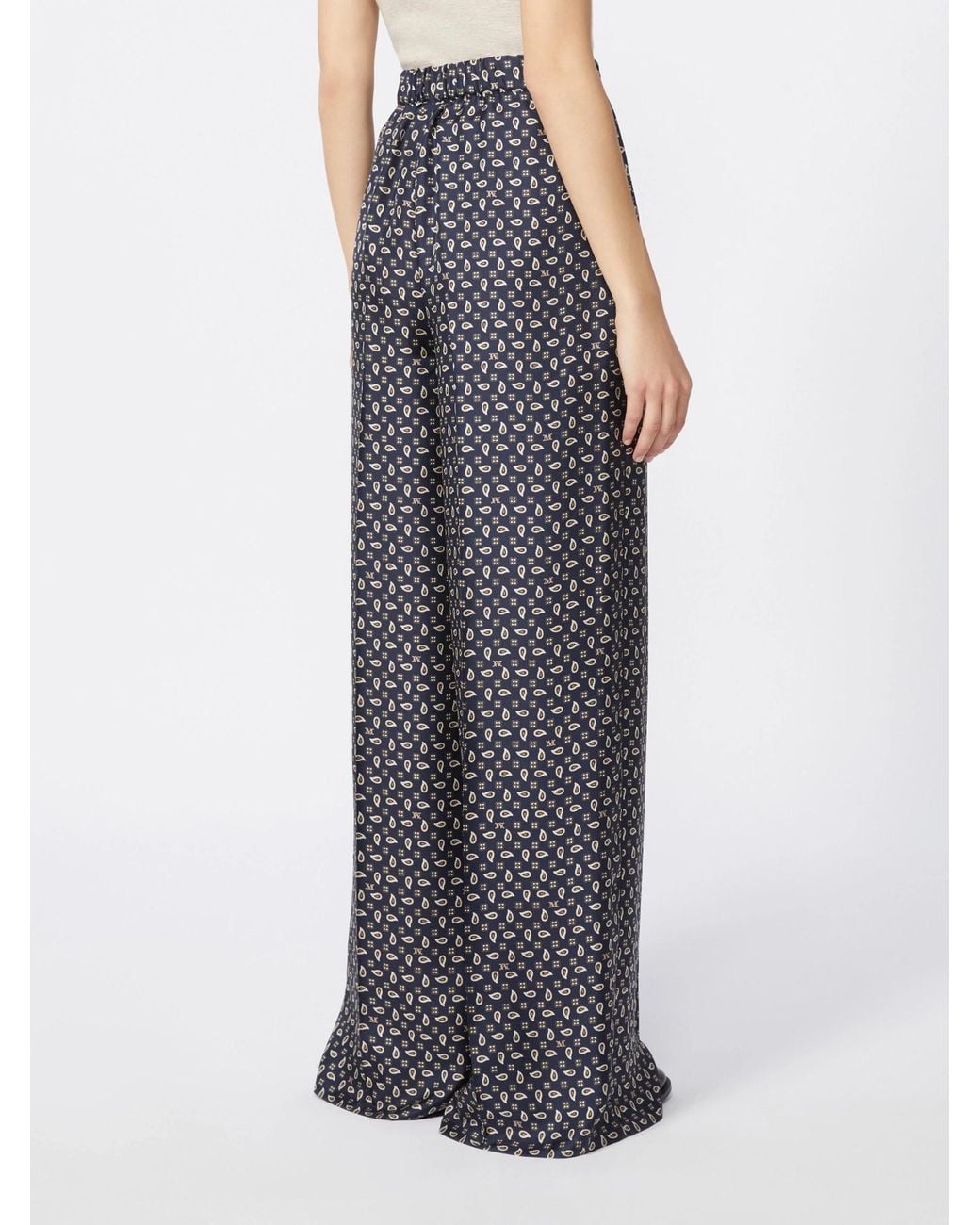 Max Mara Gray Silk Twill Printed Wide-Leg Trousers