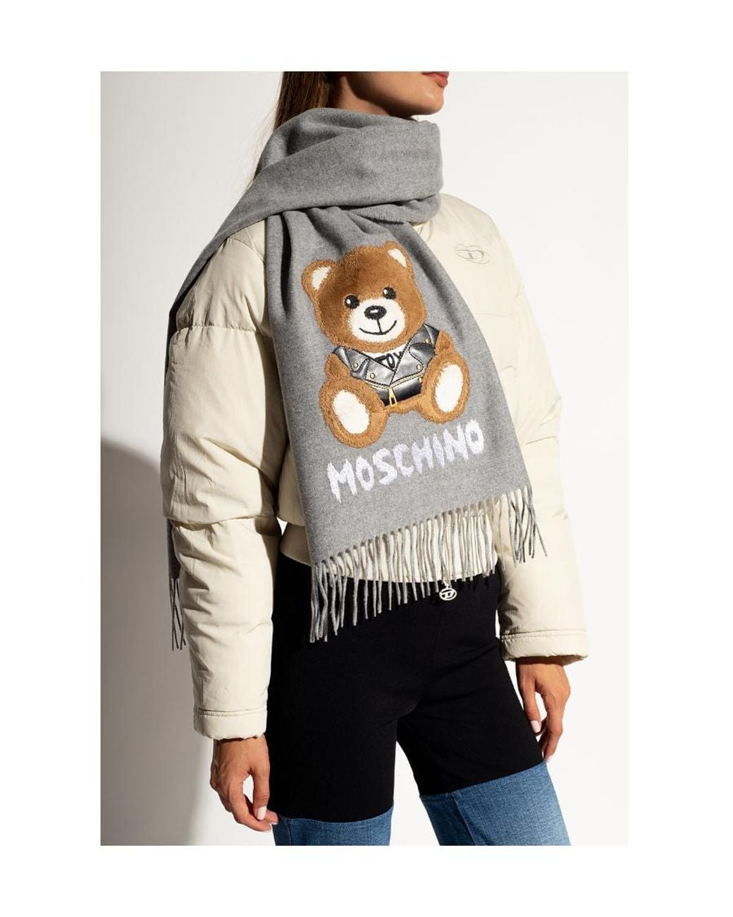 Moschino White Brushed-Logo Fringed Merino Scarf