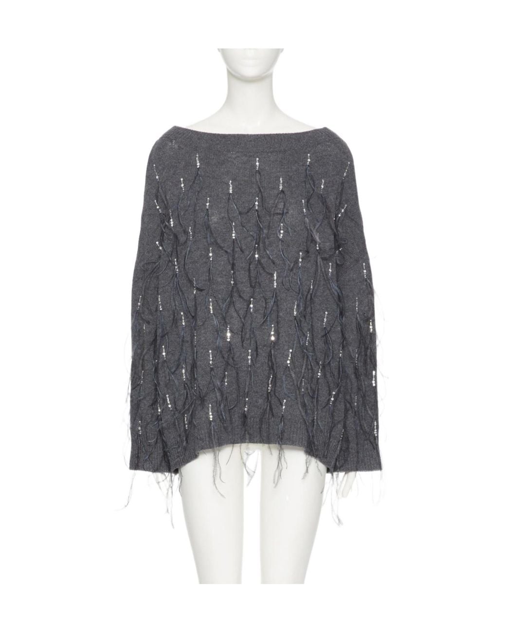 Valentino Gray Embroidered Wool Jumper With Feathers
