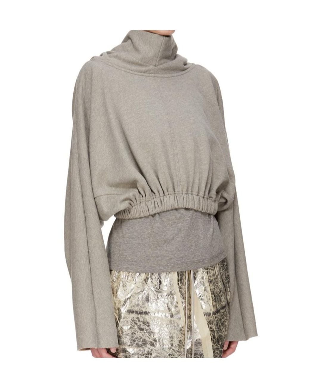 Rick Owens Gray Drawstring Cropped Hoodie