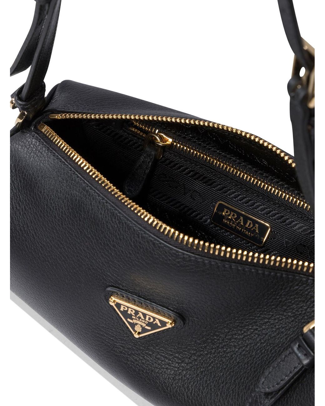 Prada Black Logo Plaque Zipped Shoulder Bag