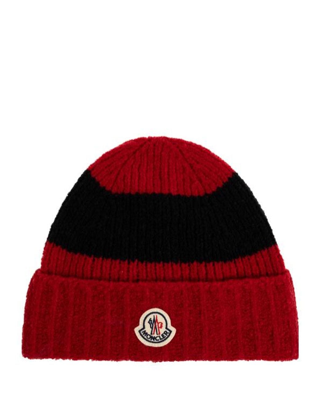 Moncler Red Logo Patch Knitted Beanie for men