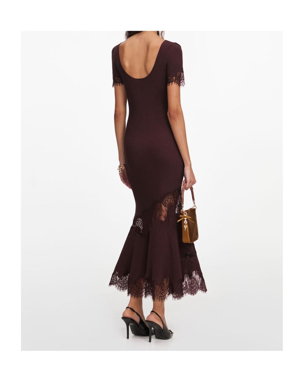 Self-Portrait Red Lace-Trim Ribbed Knitted Dress