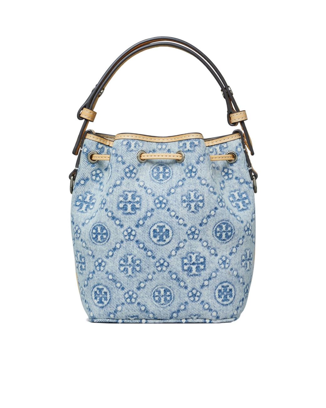 Tory Burch Blue T Monogram Drawstring Bucket Bag