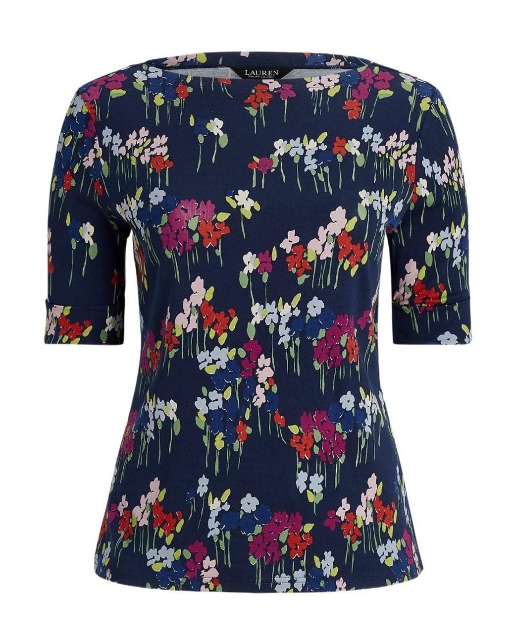 Ralph Lauren Blue Floral Boat-Neck Cotton T-Shirt