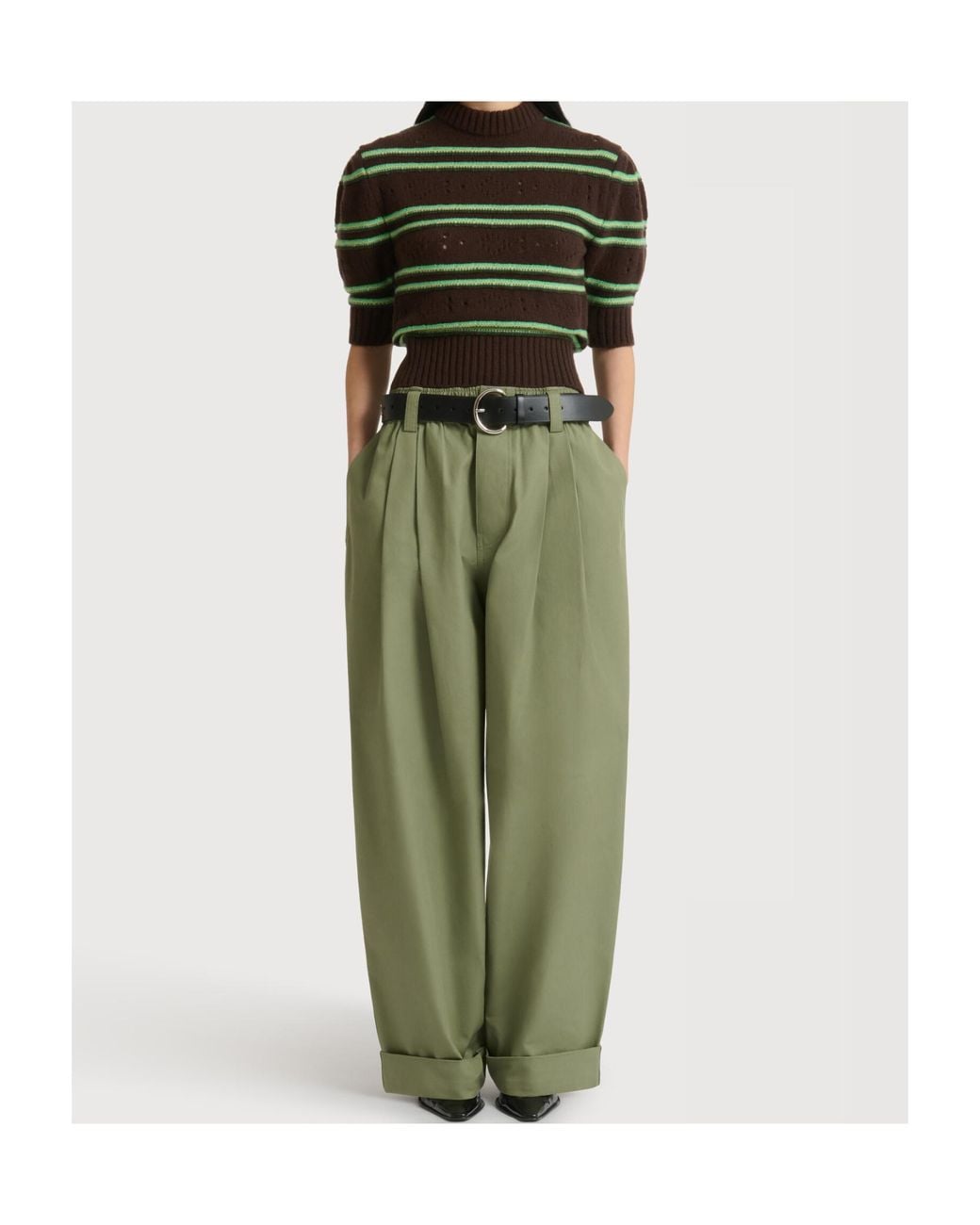 Marni Green Pleated Turn-Up Hem Trousers