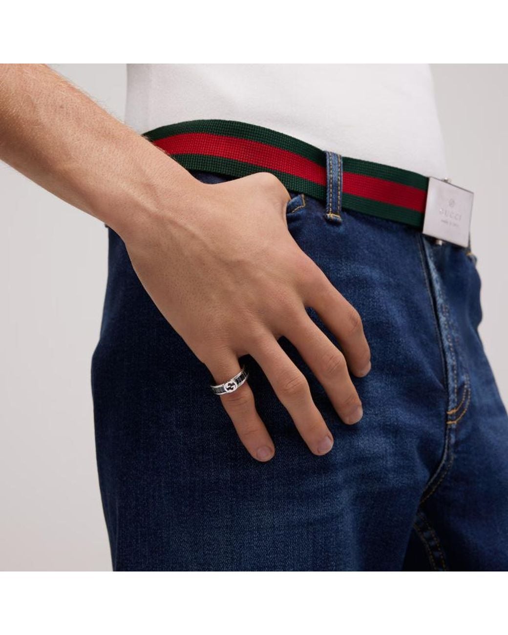 Gucci White Interlocking Crystal Ring for men