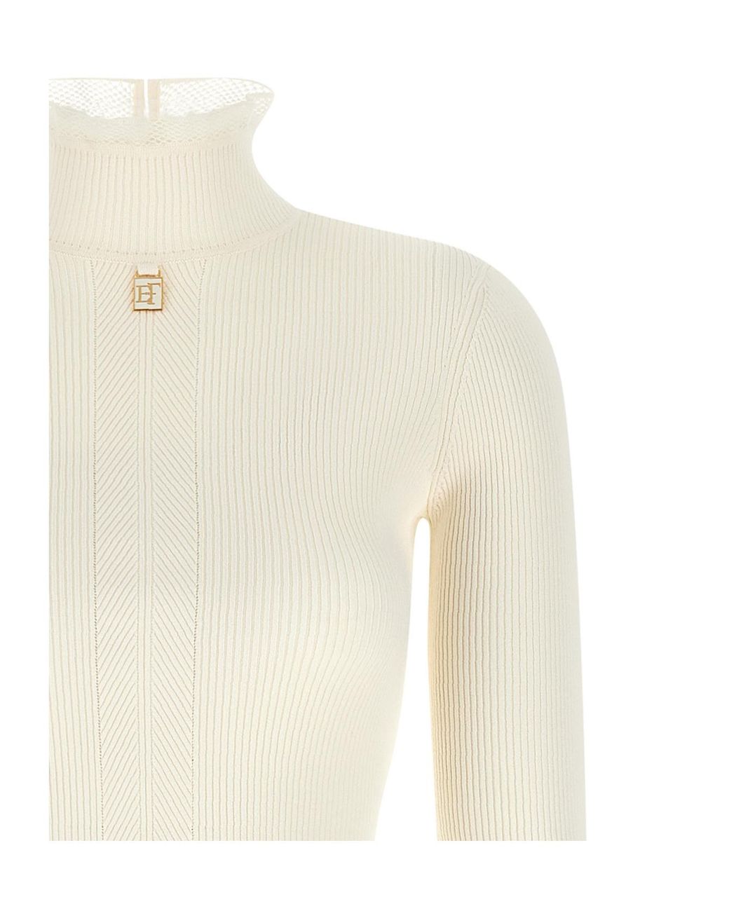 Elisabetta Franchi White Tulle Trim Ribbed Knitted Dress