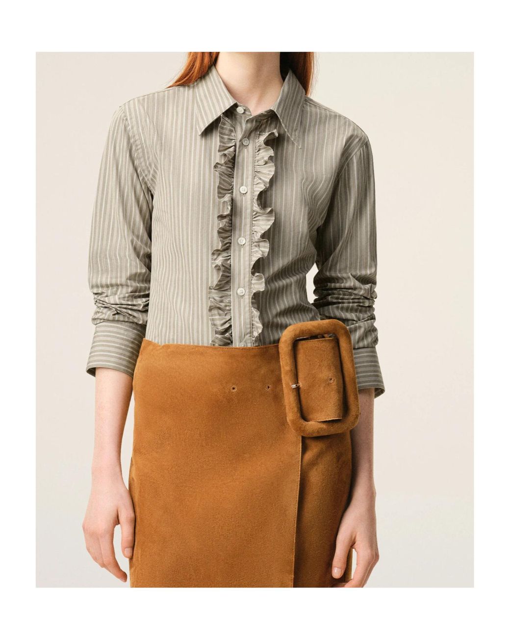 AMI Natural Ami Striped Ruffled Shirt