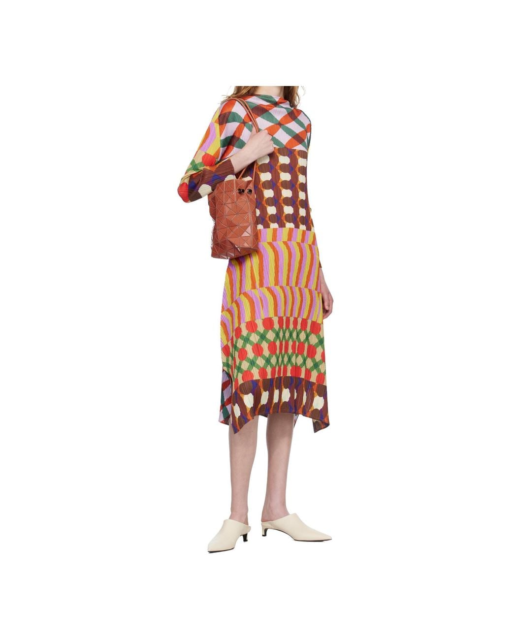 Pleats Please Issey Miyake White Pleated Print Dress