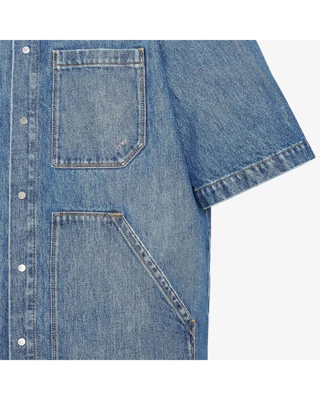Fendi Blue Short-Sleeved Buttoned Denim Shirt for men