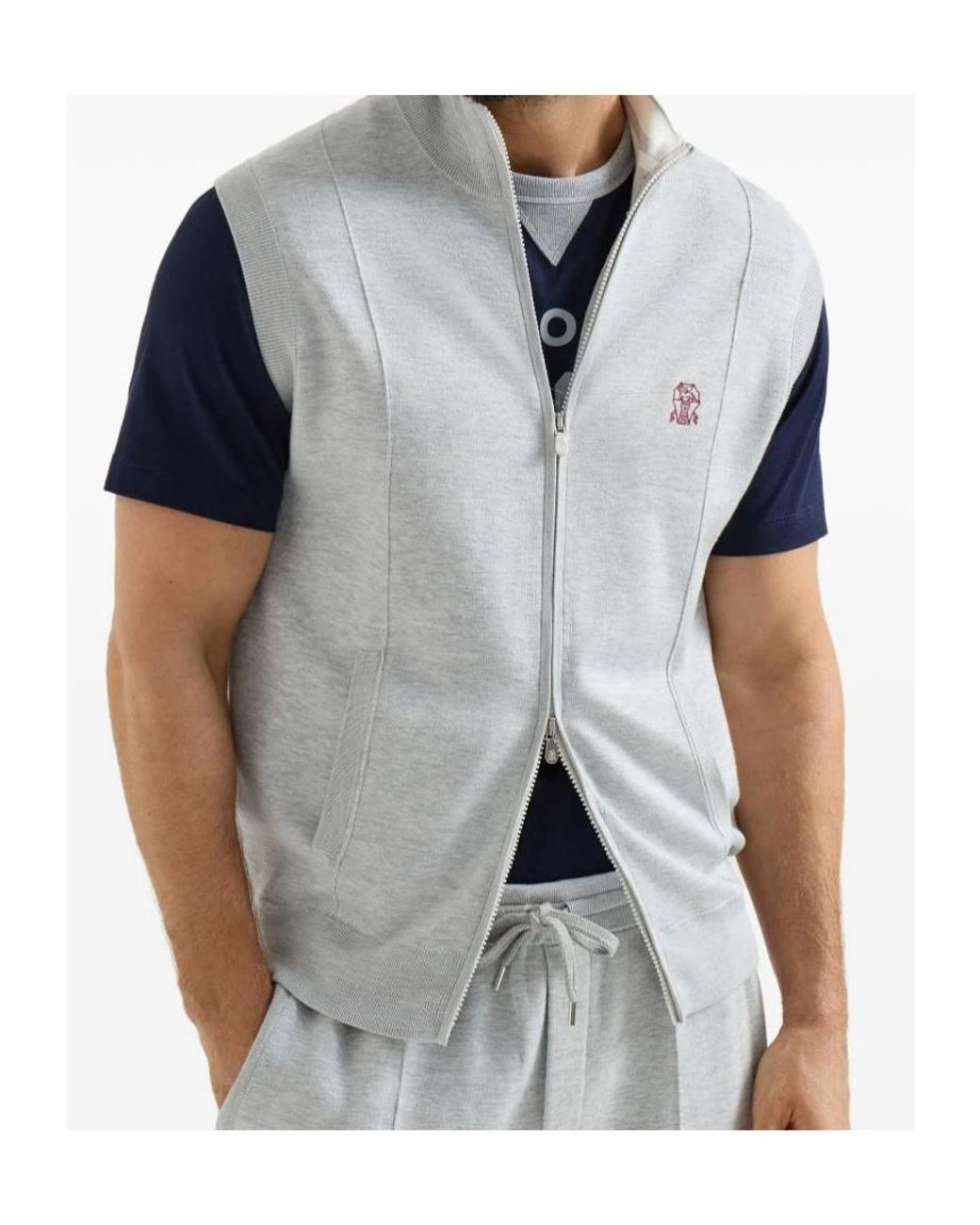 Brunello Cucinelli Blue Zip Knitted Waistcoat for men