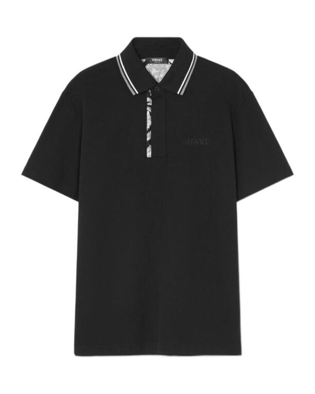 Versace Black Barocco Embroidered Short-Sleeved Polo Shirt for men