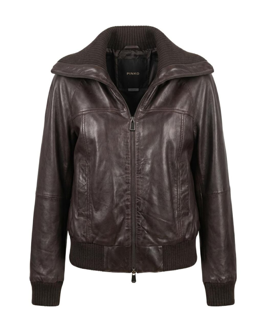 Pinko Black Ribbed-Trim Zipped Leather Jacket