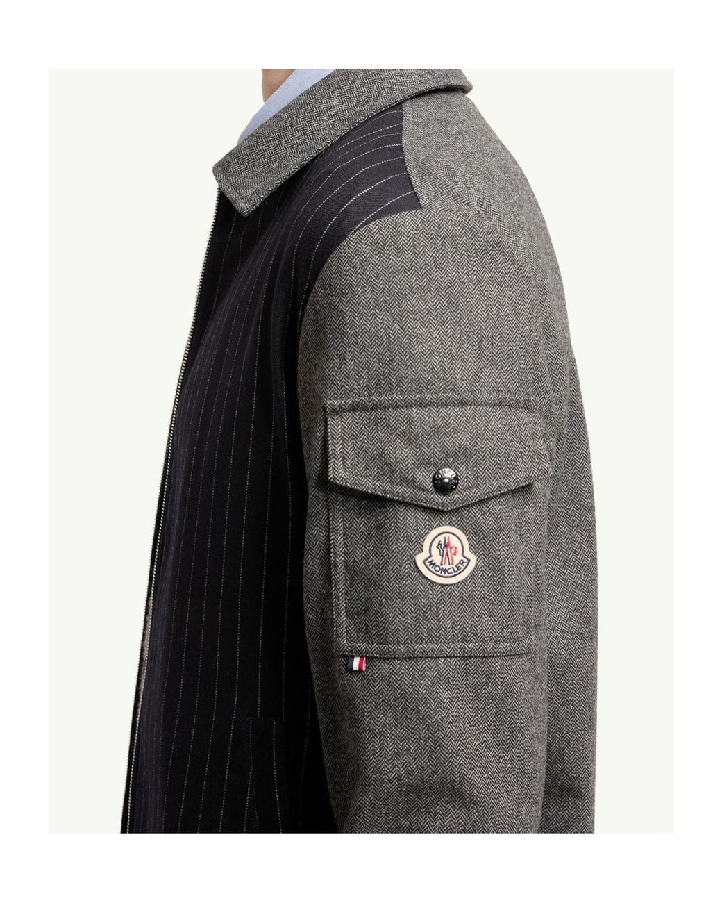Moncler Gray Herringbone Wool Blend Zip-Up Shirt for men