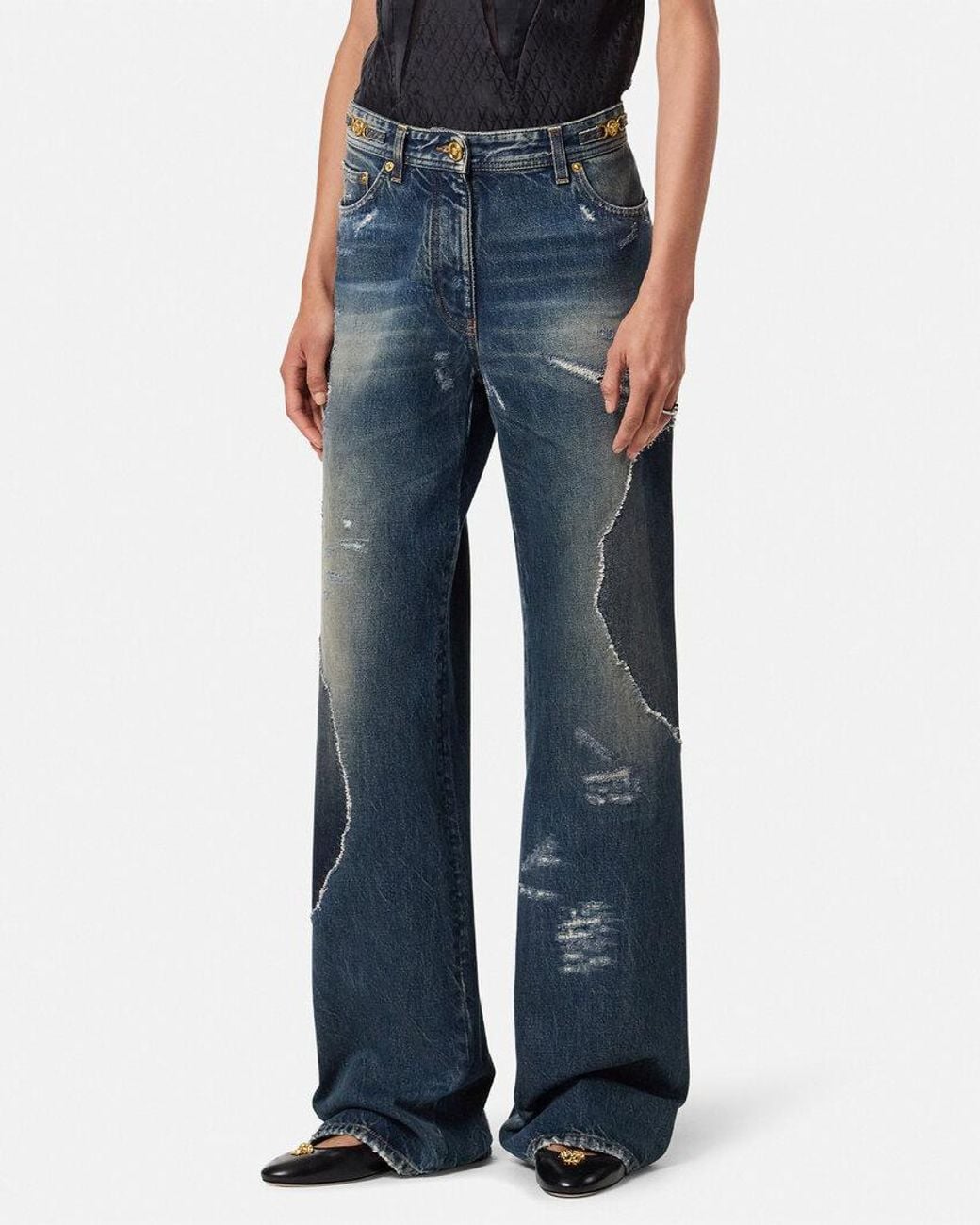 Versace Blue Logo-Patch Distressed Jeans