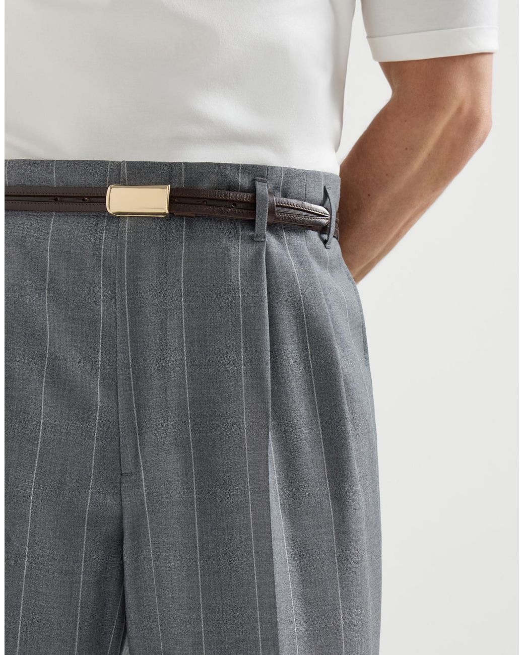 Brunello Cucinelli Gray Virgin Wool Chalk Stripe Trousers With Double Pleats for men