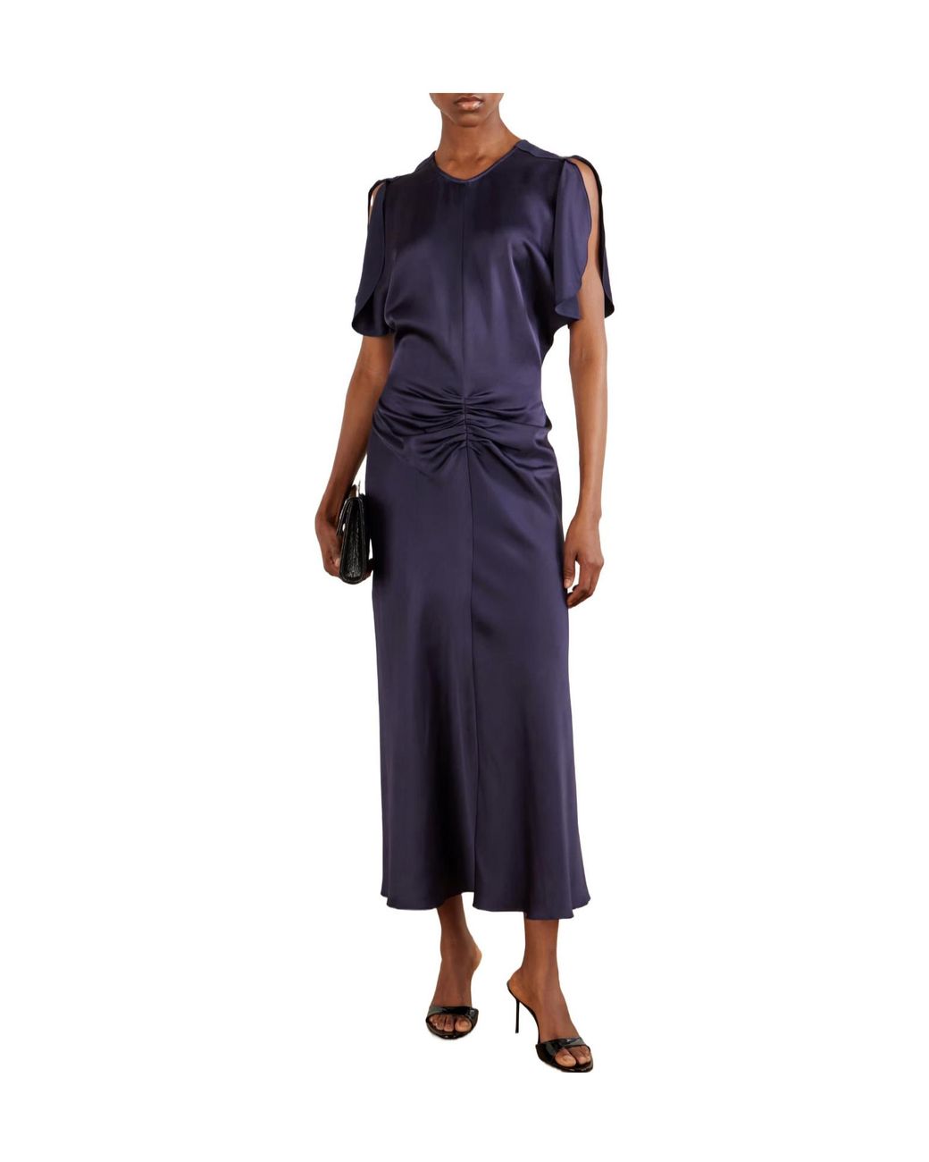 Victoria Beckham Blue Gathered Satin Midi Dress