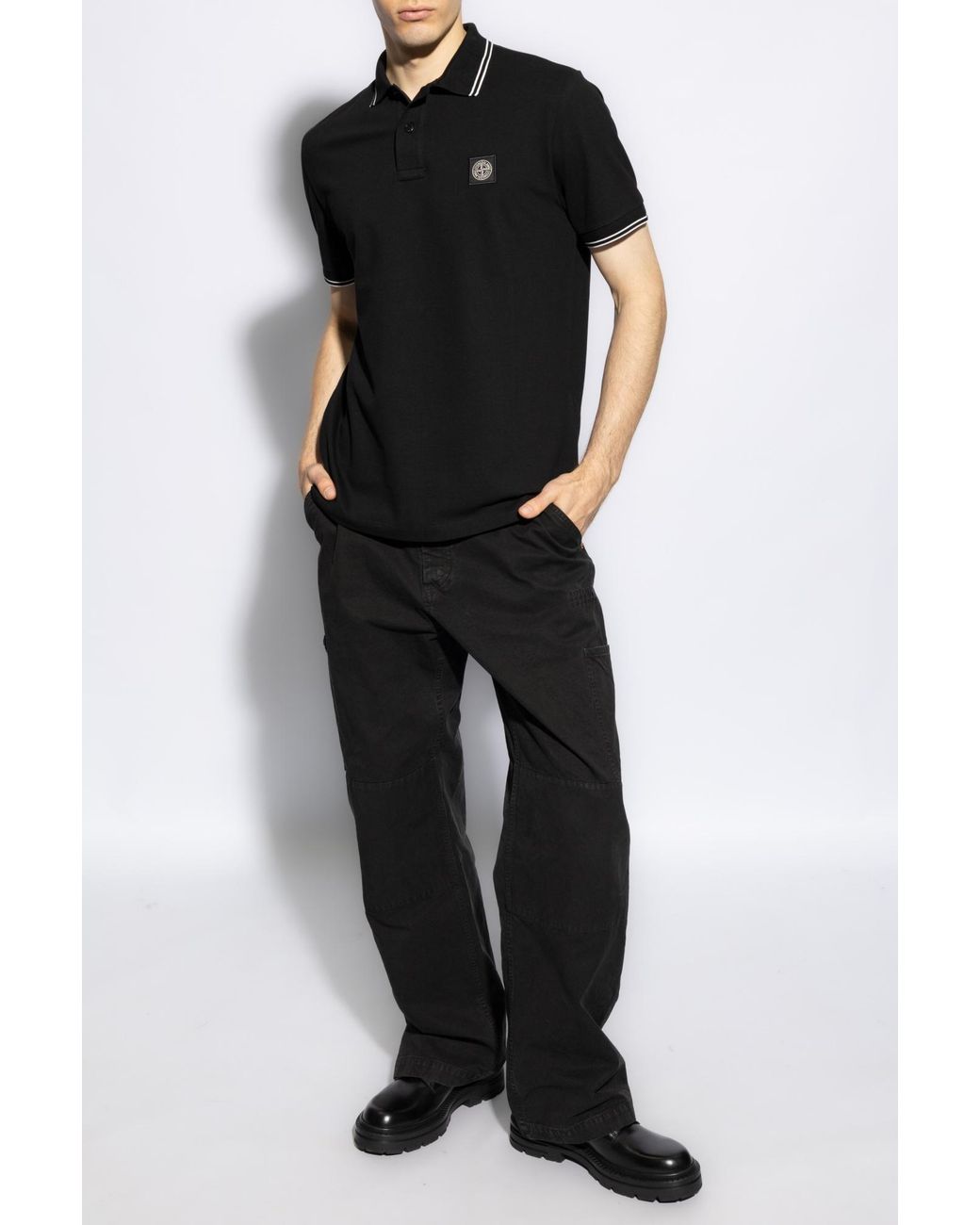 Stone Island Black Logo Patch Short Sleeved Polo Shirt for men