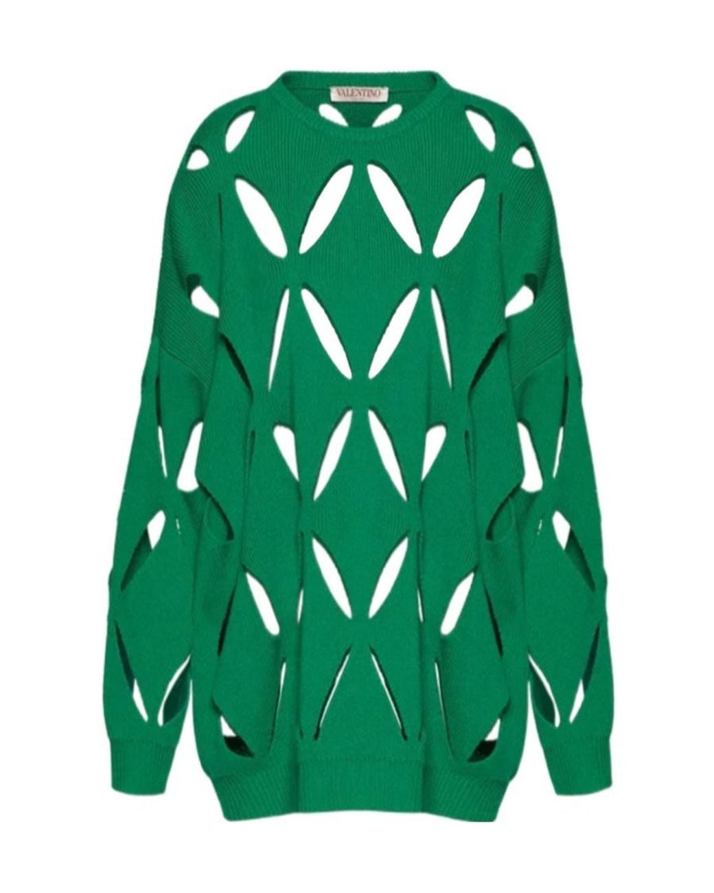 Valentino Green Hollowed-Out Diamond Embroidered Knitted Pullover