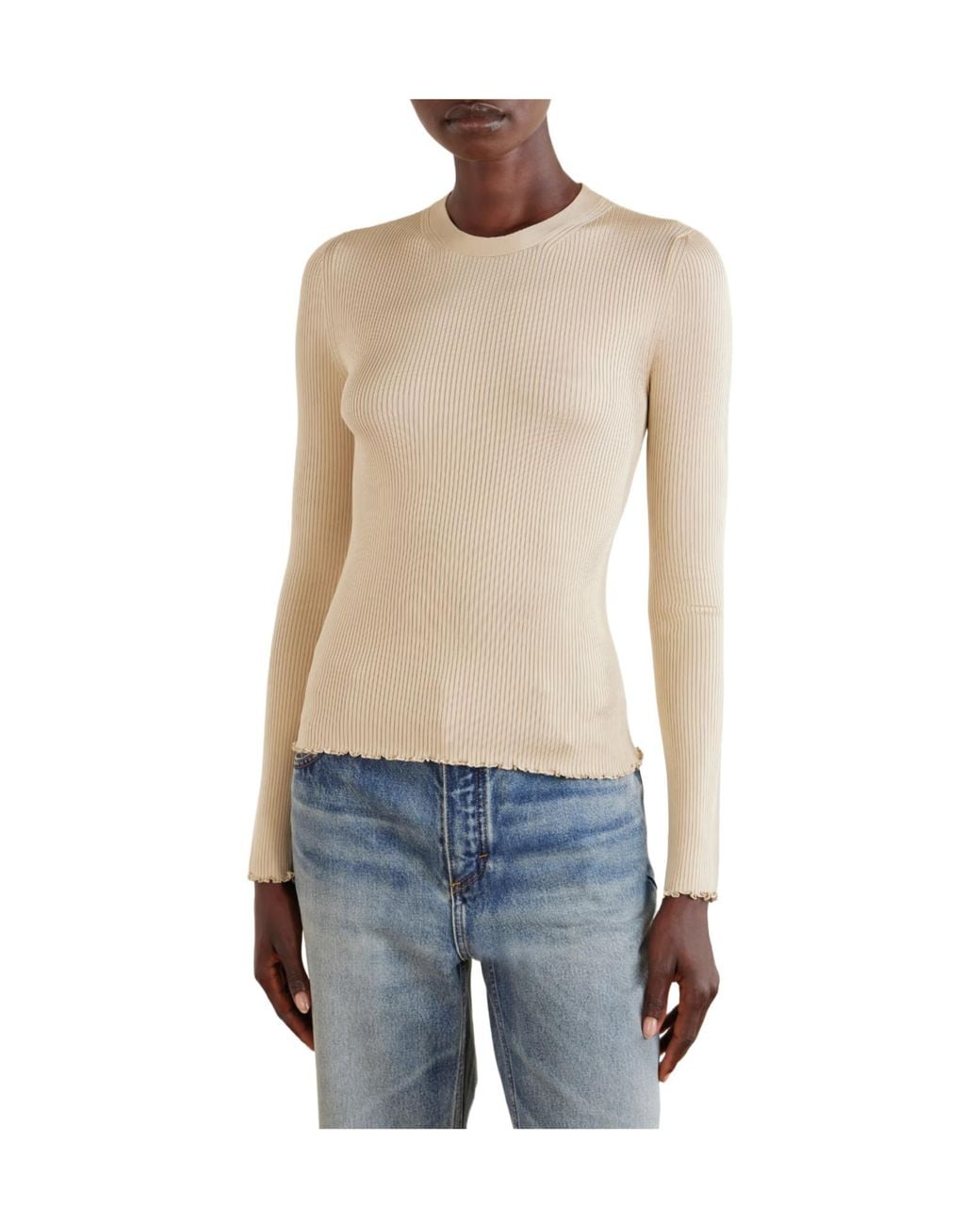 Alaïa Natural Ribbed Lettuce-Trim Sweater