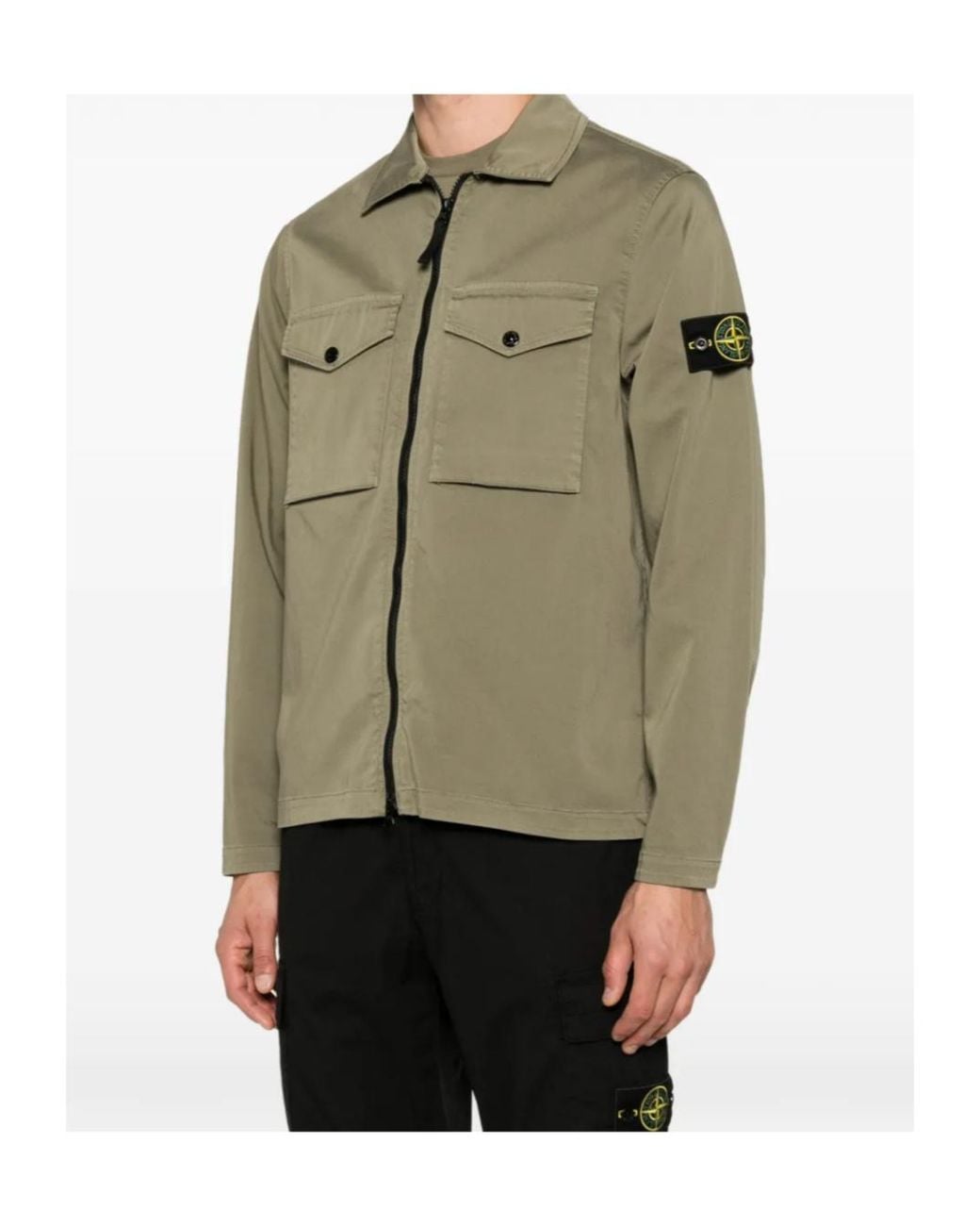 Stone Island Green Logo-Patch Zip-Up Cotton Shirt for men