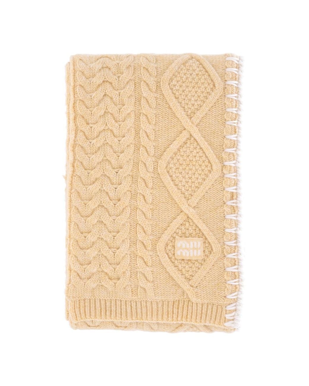 Miu Miu White Cable-Knit Embroidered Scarf