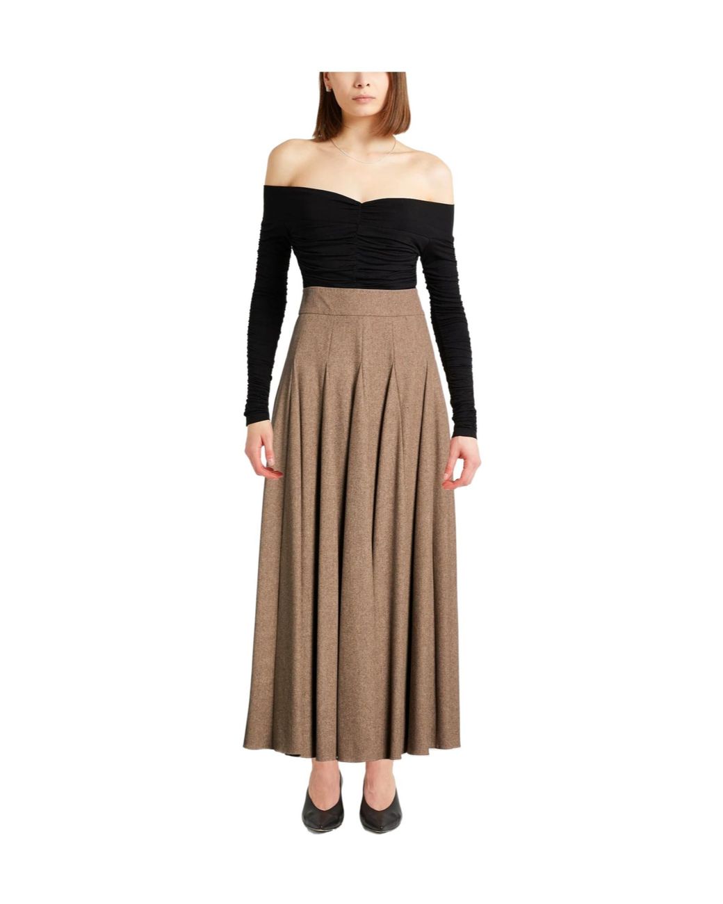 Max Mara Brown Solid-Color Flannel Midi Skirt