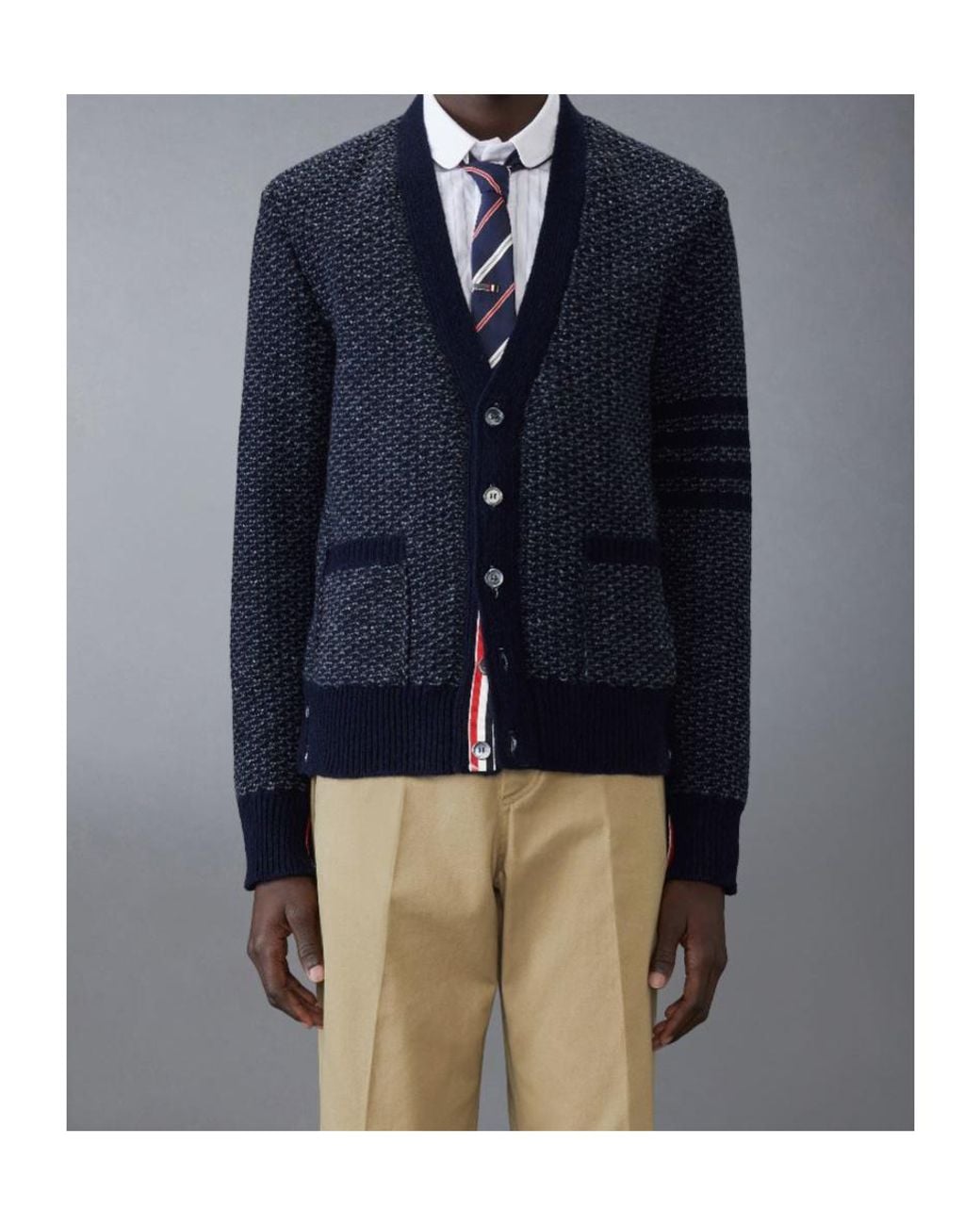 Thom Browne Blue Bar Textured-Knit Cardigan for men