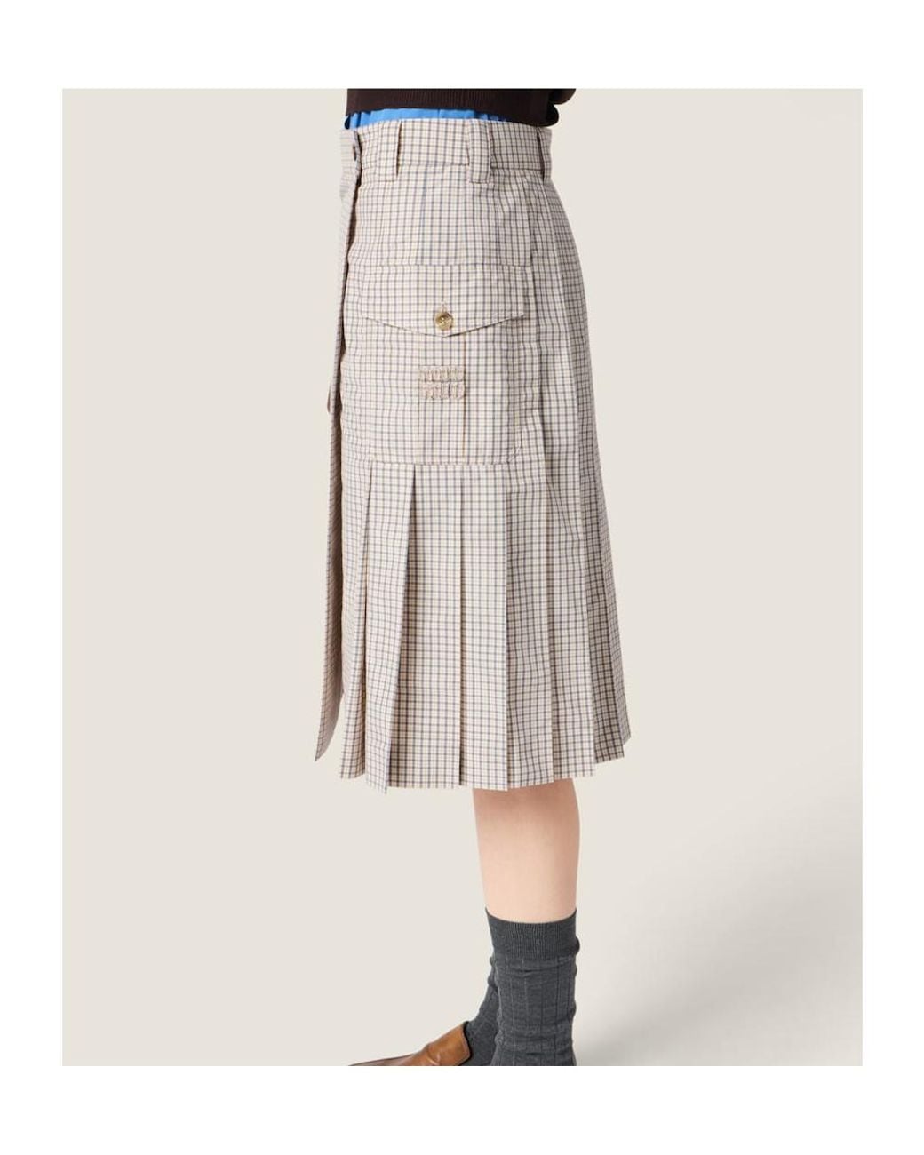 Miu Miu Natural Checked Pleated Midi Skirt