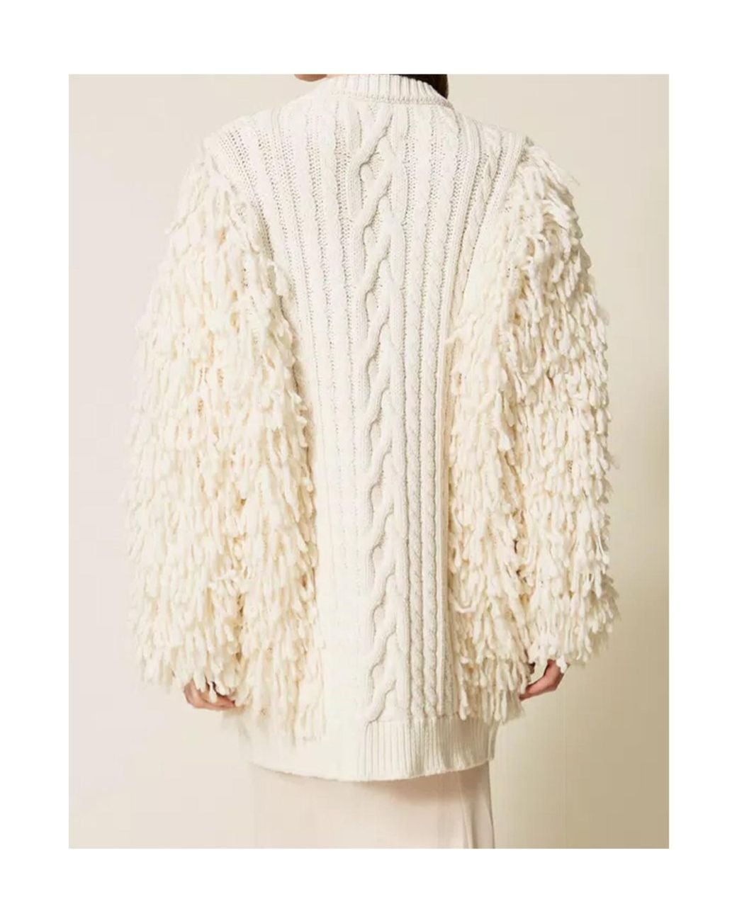 Twinset Natural Cable-Knit Fringed Cardigan