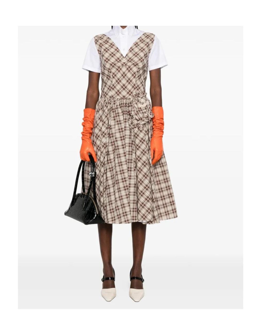 Prada Gray Embroidered Checked Poplin Dress
