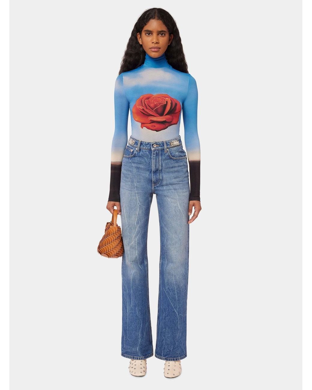 Rabanne Blue Rose Print Long-Sleeve Top