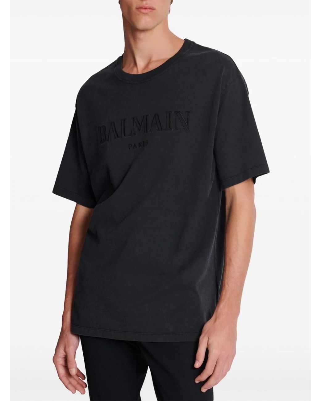 Balmain Black Logo Embroidered Crewneck T-Shirt for men