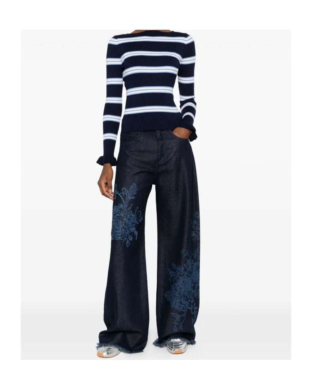 Twinset Blue Ruffled Cuff Striped Knitted Sweater