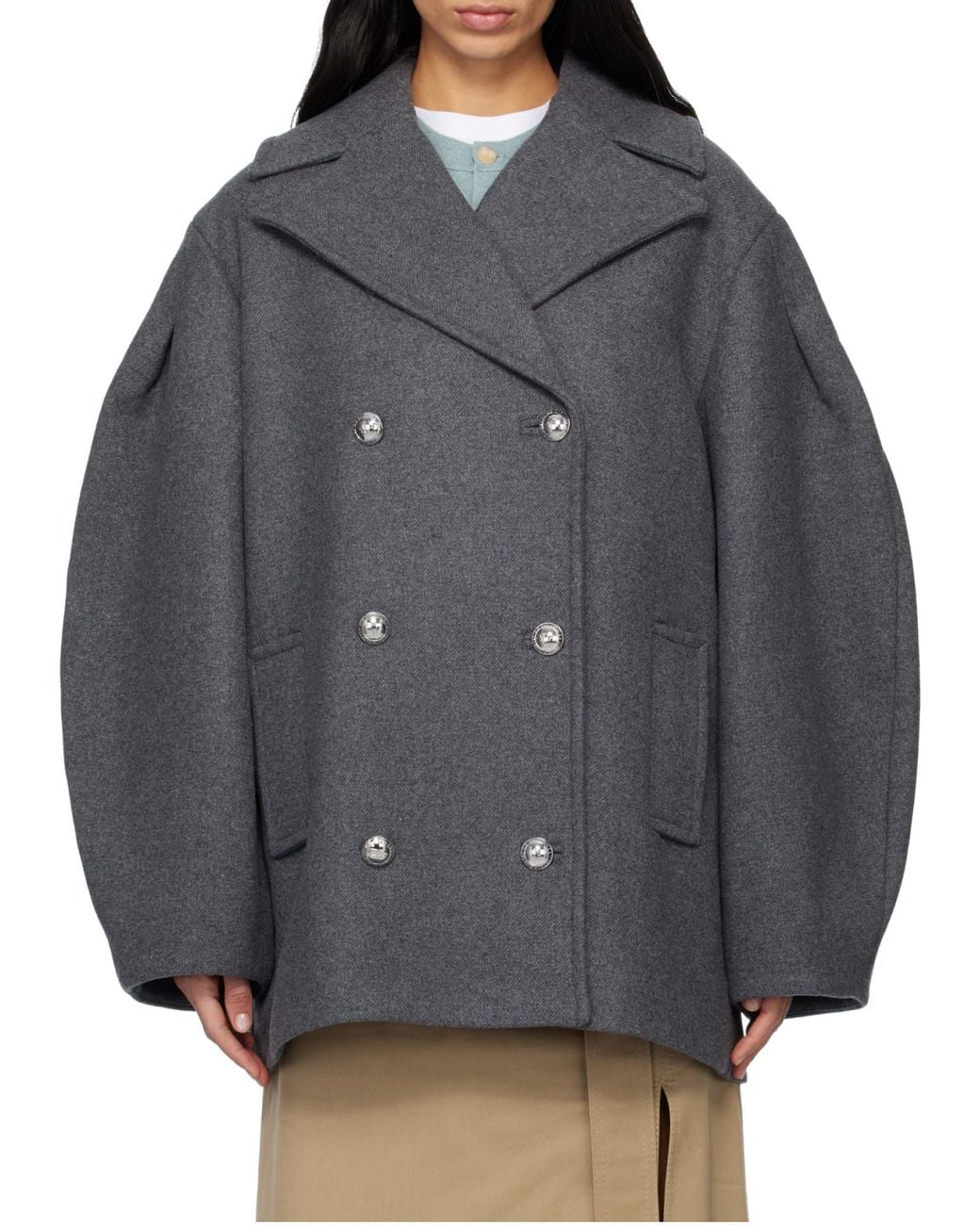 Ganni Gray Oversized Midi Peacoat