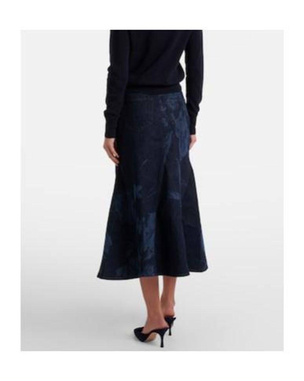 Erdem Blue Floral Flared Denim Midi Skirt