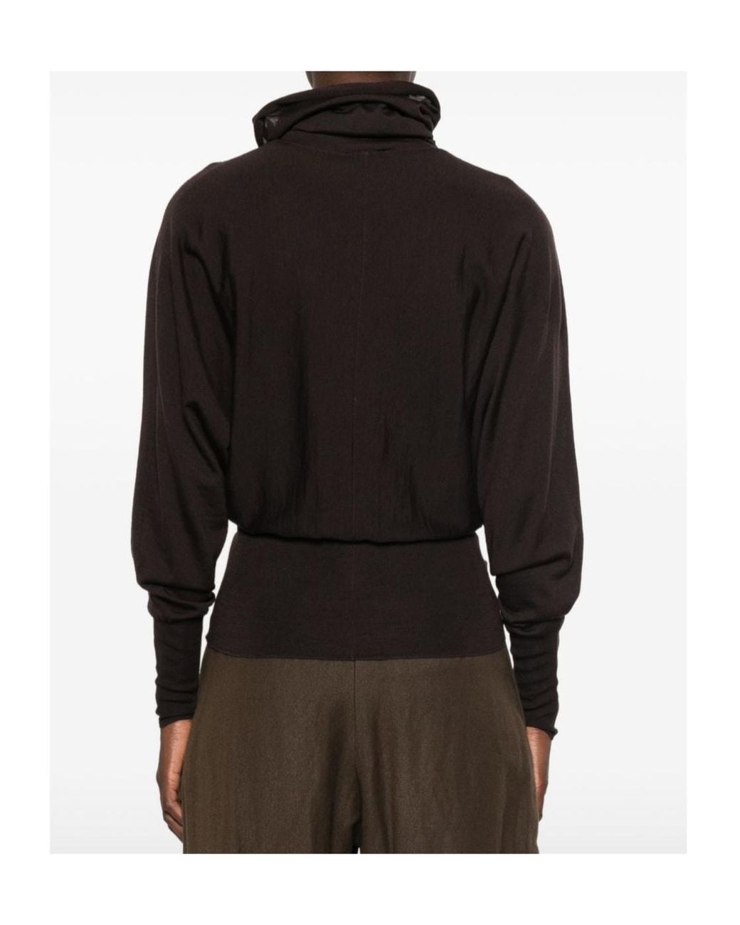Soeur Brown Sheer, Draped, High-Neck Long-Sleeve Knit Top