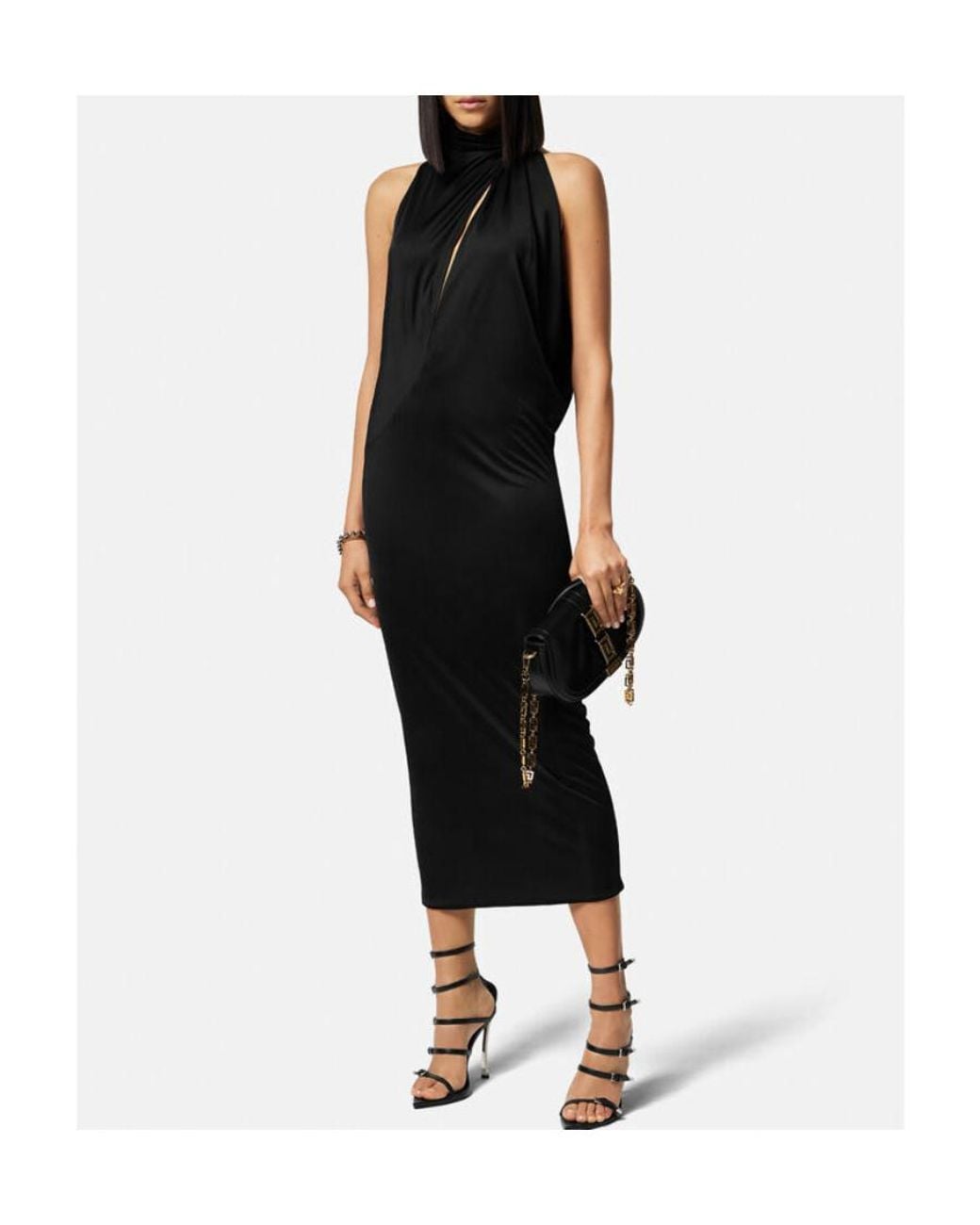 Versace Black Slashed Halterneck Sleeveless Midi Dress