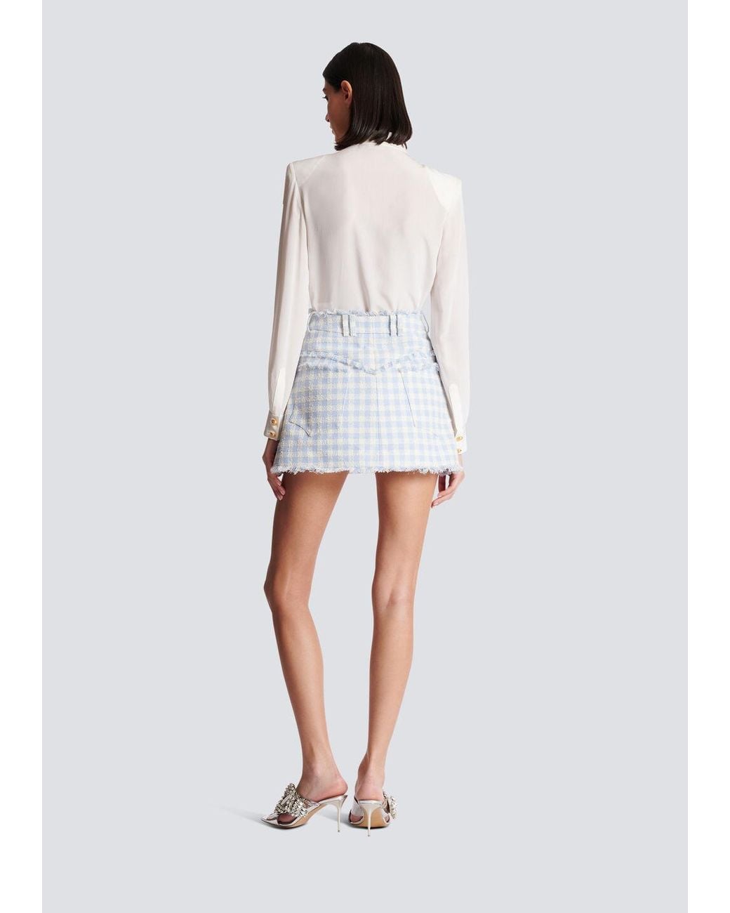 Balmain White Gingham Tweed A-Line Skirt