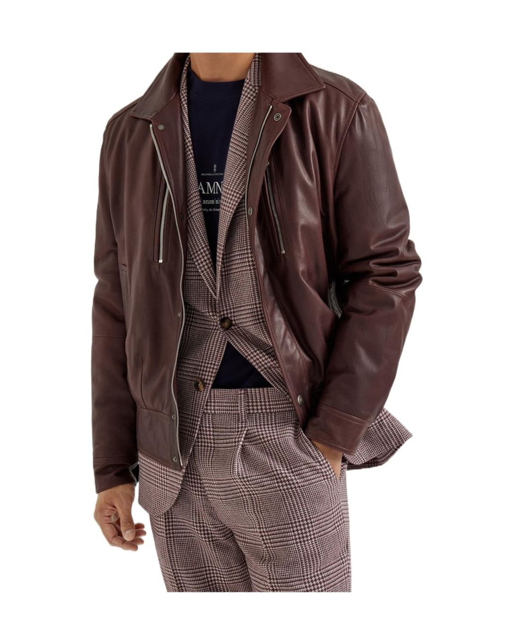 Brunello Cucinelli Brown Collared Biker Jacket for men