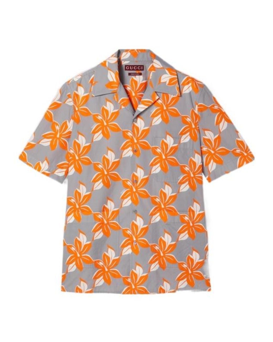 Gucci Orange Printed Short-Sleeve Poplin Shirt for men