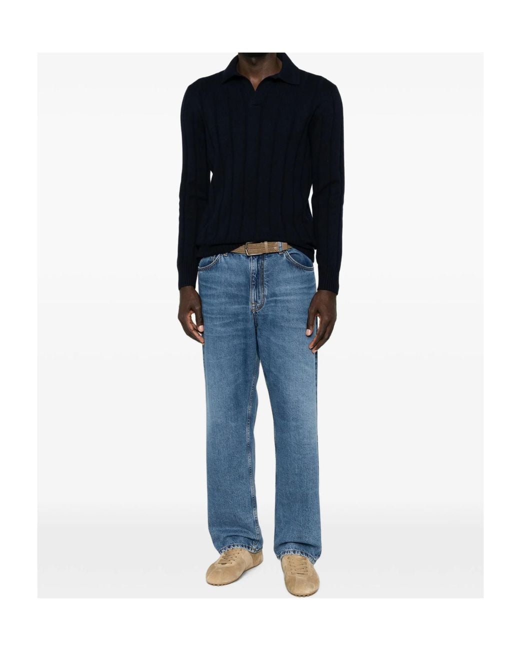 Gran Sasso Blue Ribbed-Knit Polo-Collar Sweater for men