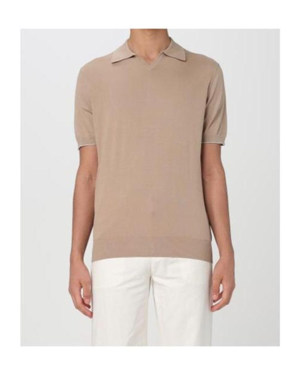 Brunello Cucinelli Natural Short-Sleeved Fine-Knitted Polo Shirt for men