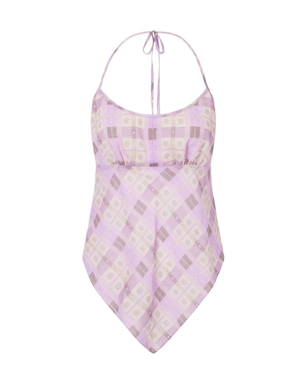 Anna Sui Pink Apron Checked Printed Cotton-Voile Halterneck Top