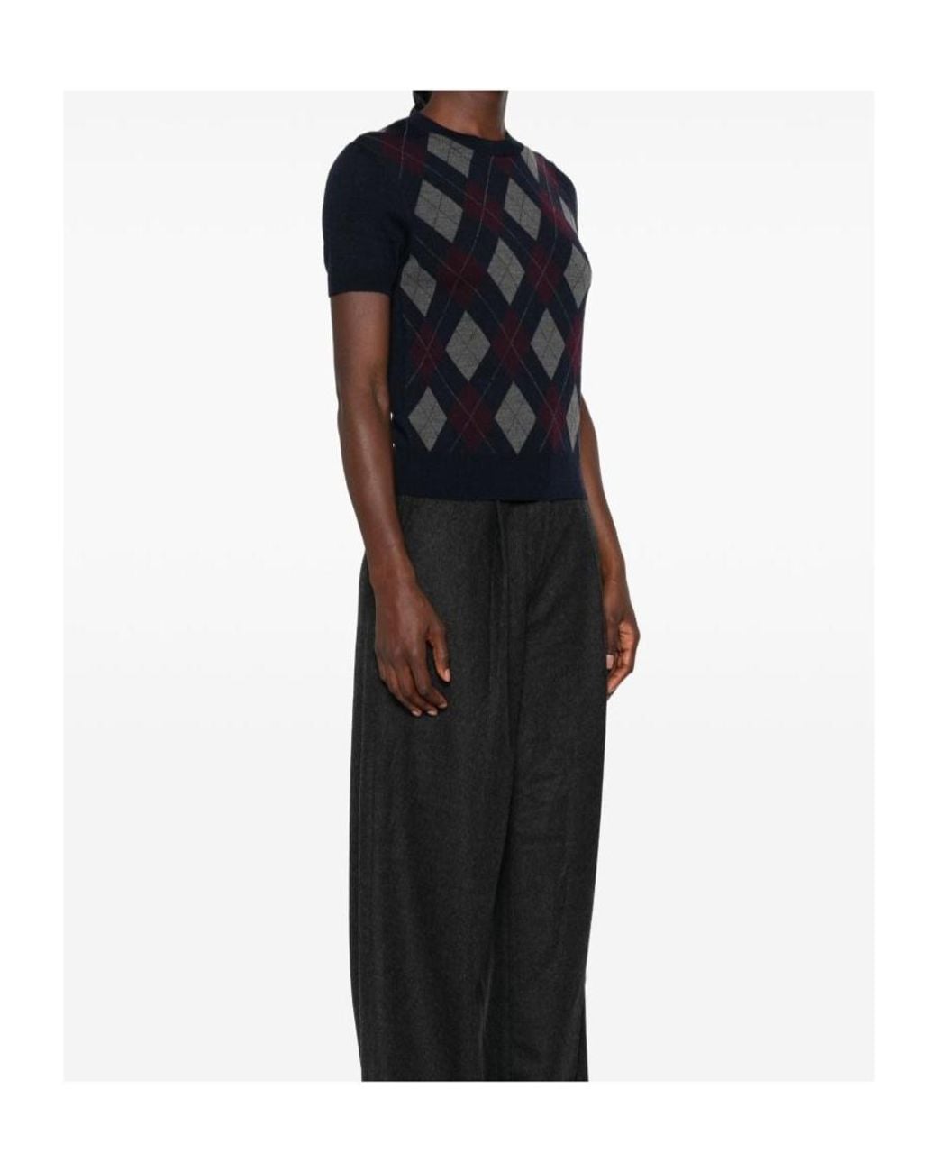 Tory Burch Blue Short-Sleeve Argyle Knitted Sweater