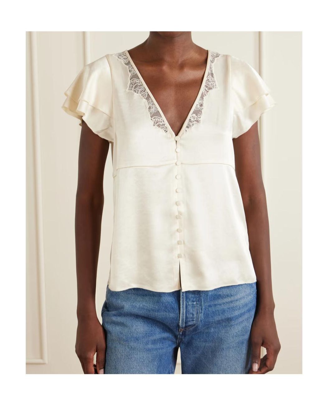 Citizens of Humanity White Lola Flutter Lace-Trimmed Satin Blouse
